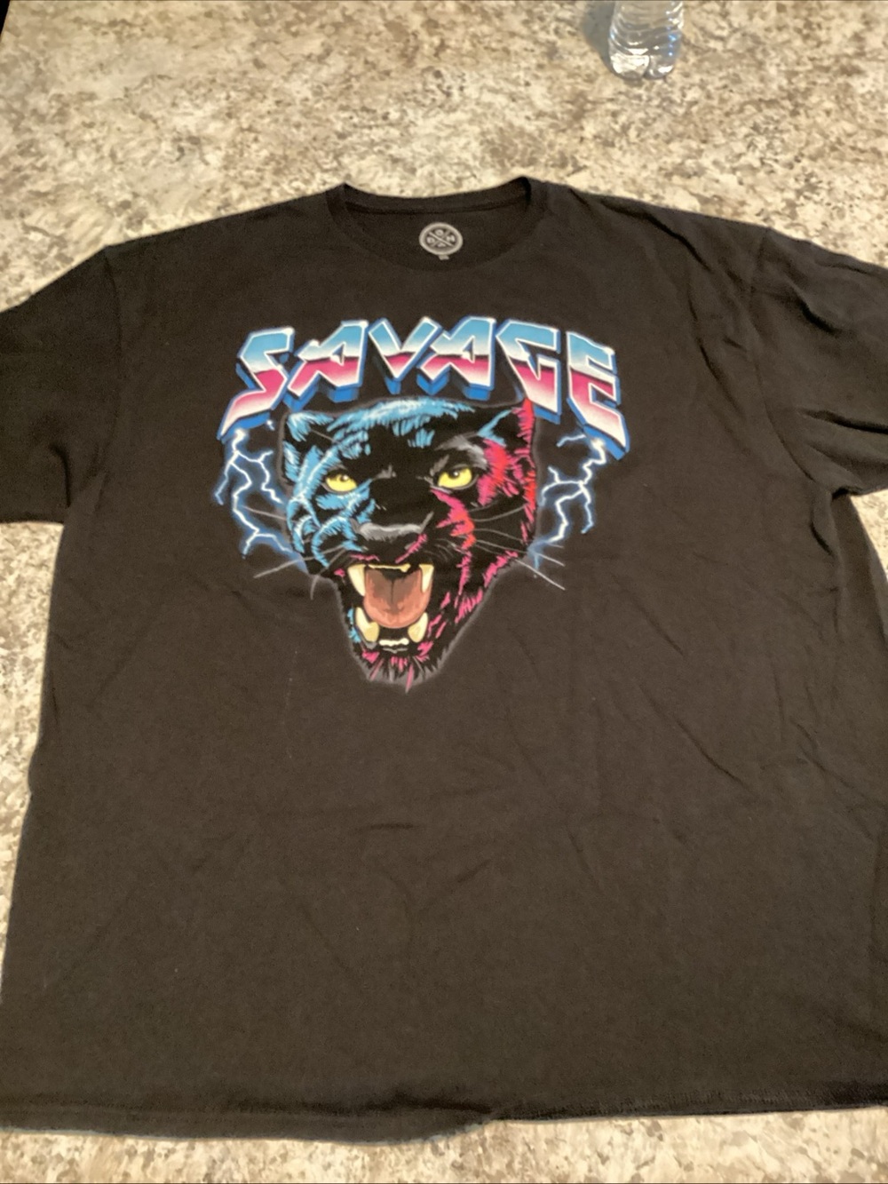 Savage Panther Graphic Tee - Black with Neon Blue & Pink